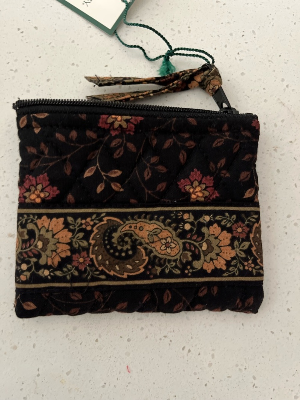 Vera Bradley Black Quilted Paisley Floral Coin Pouch with Brown & Gold Accents